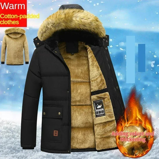 "2024 Men's Winter Fleece-Lined Hooded Parka with Fur Collar"