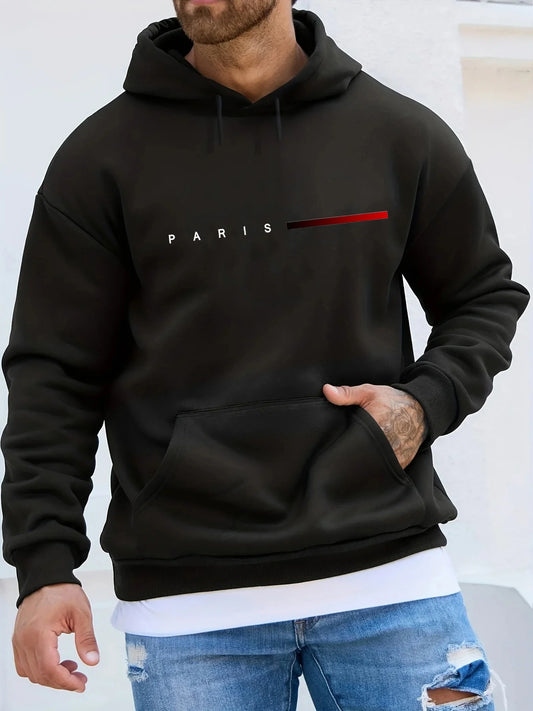 "Sudadera con Capucha Oversize para Hombre - Moda Casual Otoño/Invierno con Estampado de Letras 'Paris', Forro Polar y Mangas Largas"