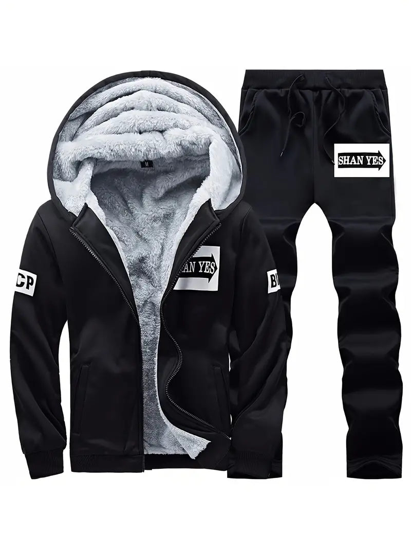 Men's Winter Fleece-Lined Sportswear Set – Hooded Jacket & Joggers